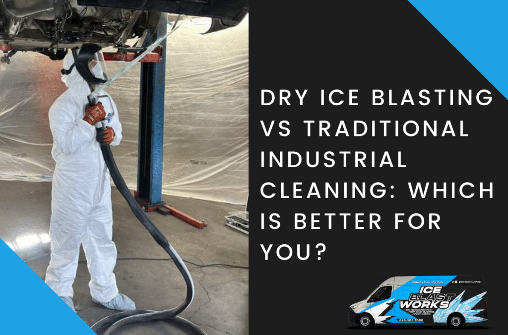 Ice Blast Works technician in protective coveralls dry ice blasting a surface
