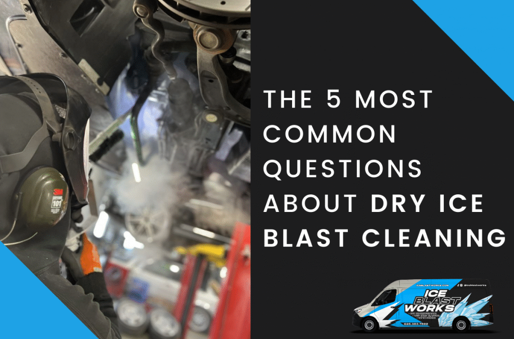 Blog graphic for The 5 Most Common Questions About Dry Ice Blast Cleaning showing an engine bay close-up